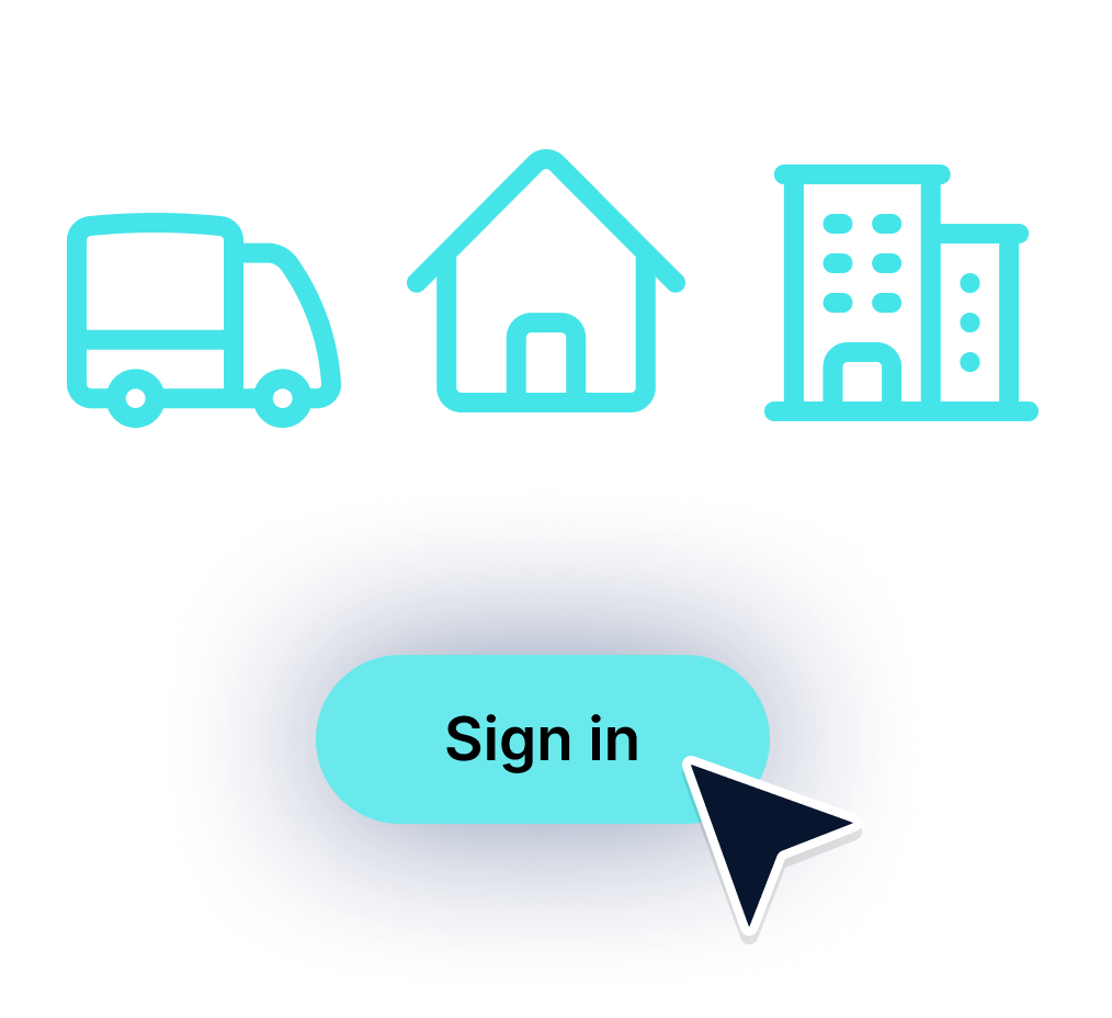 Cursor pointing at a blue sign-in button with icons of a car, a house, and a building above it connected by arrows.