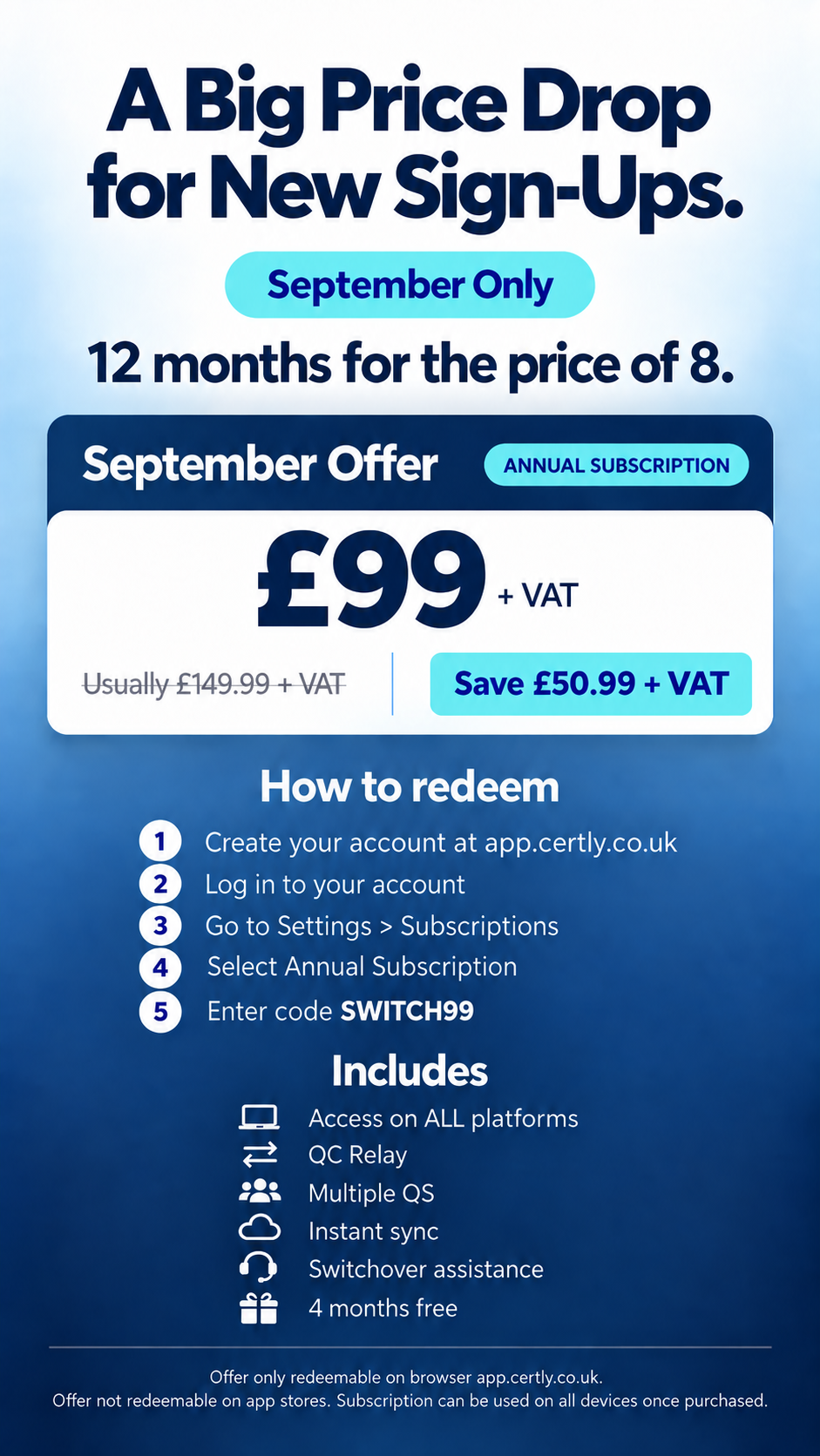 September offer for Certly annual electrical certification software licence at £99 plus VAT, including redemption steps and key features.