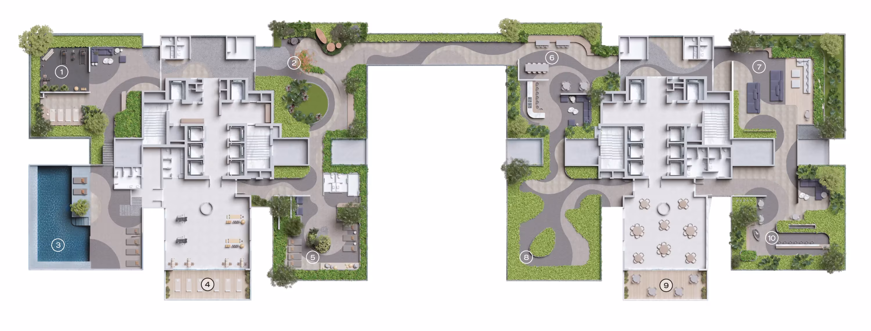 Architectural floor plan showing two building sections connected by a landscaped terrace with labeled amenities including gym, seating areas, pool, dining spaces, and garden paths.