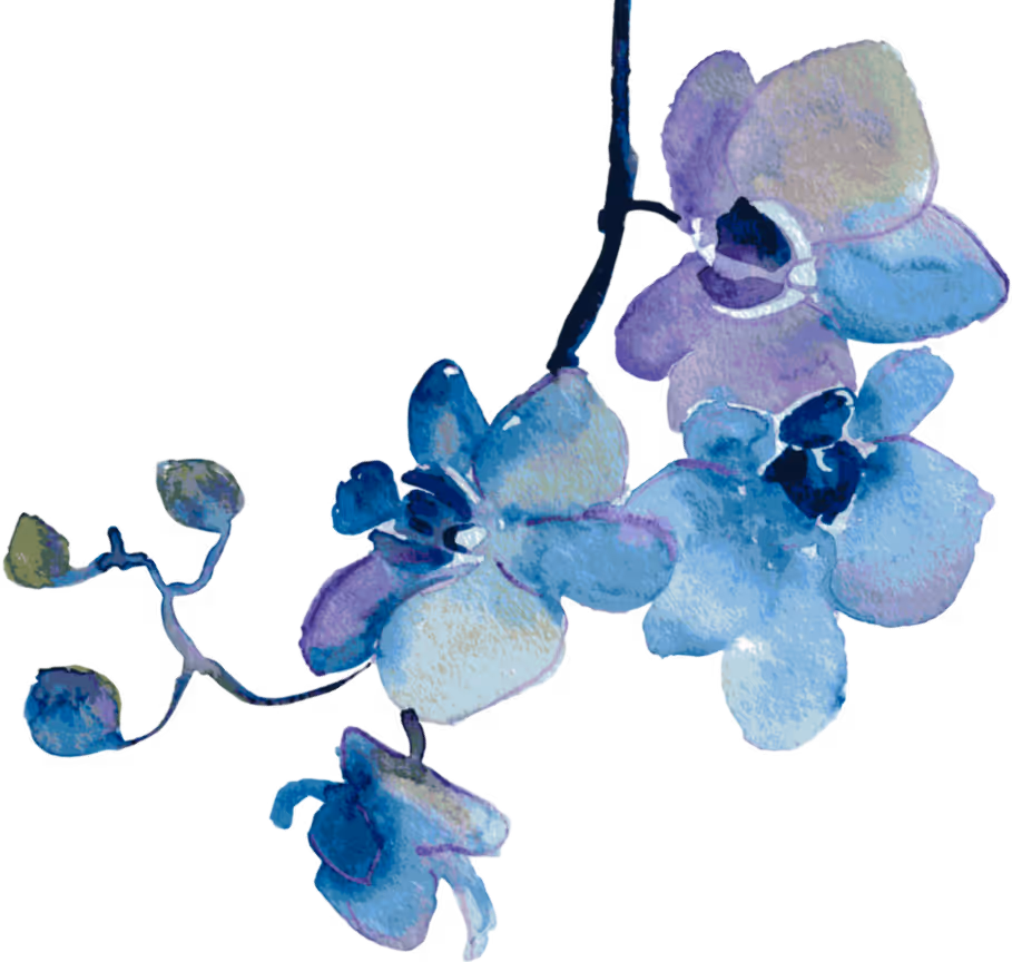 Watercolor illustration of a blue and purple orchid branch with leaves.