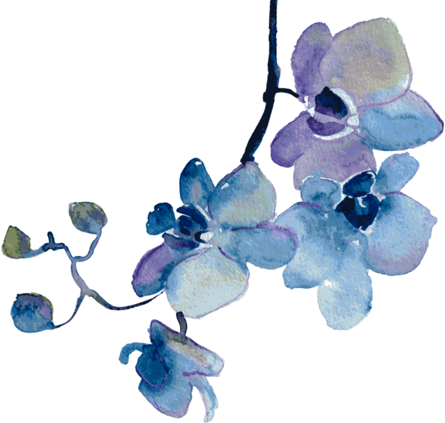 Watercolor illustration of a blue and purple orchid branch with leaves.