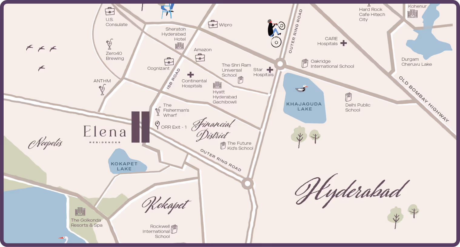 Stylized map of Hyderabad showing key landmarks such as Khajaguda Lake, Kokapet Lake, hotels, schools, hospitals, and major roads including Outer Ring Road and Old Bombay Highway.