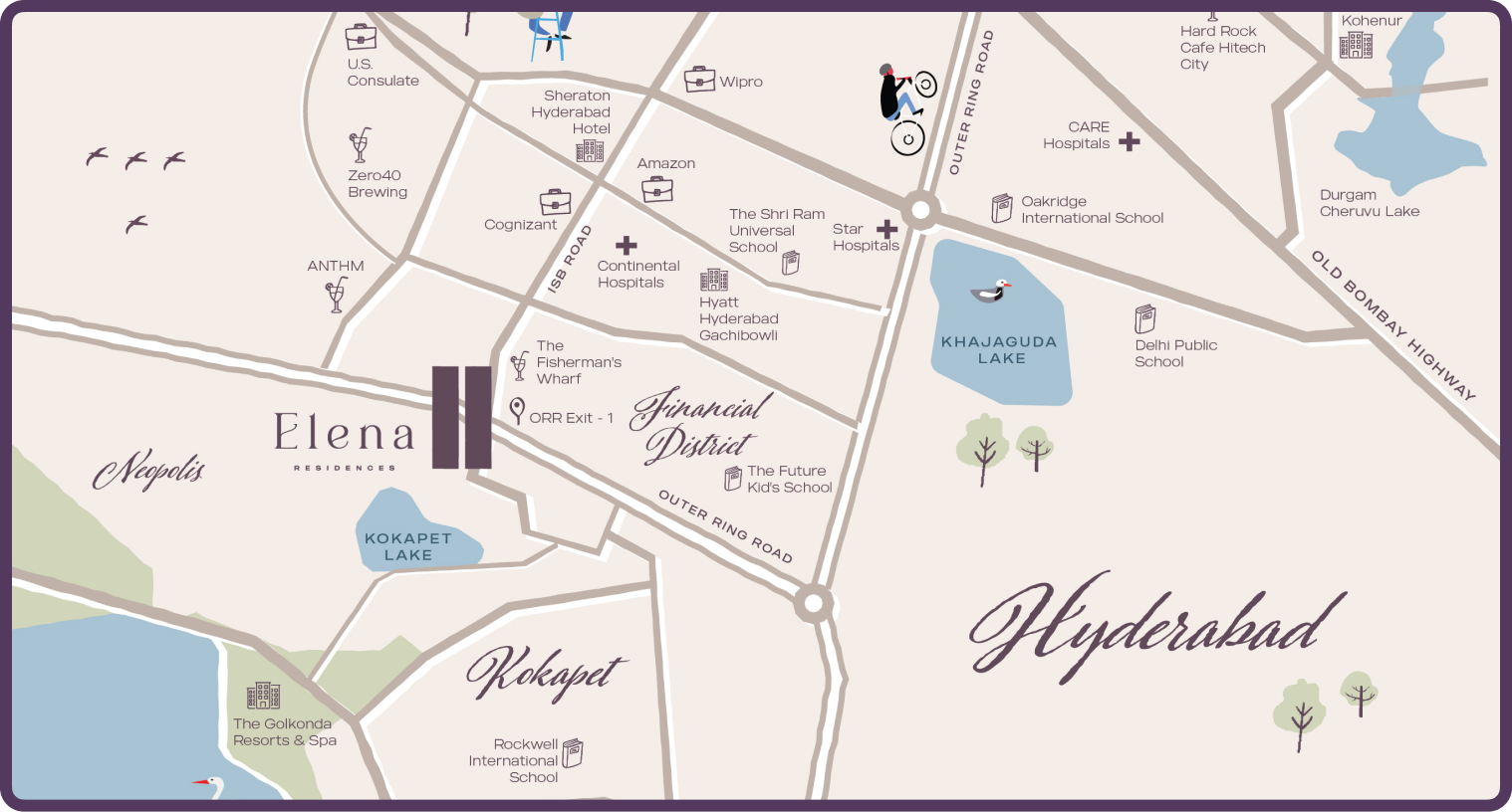 Stylized map of Hyderabad showing key landmarks such as Khajaguda Lake, Kokapet Lake, hotels, schools, hospitals, and major roads including Outer Ring Road and Old Bombay Highway.