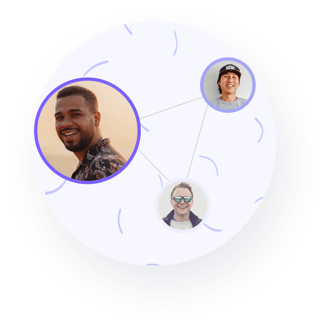 Network illustration showing three connected smiling men inside circles of different sizes on a light background.