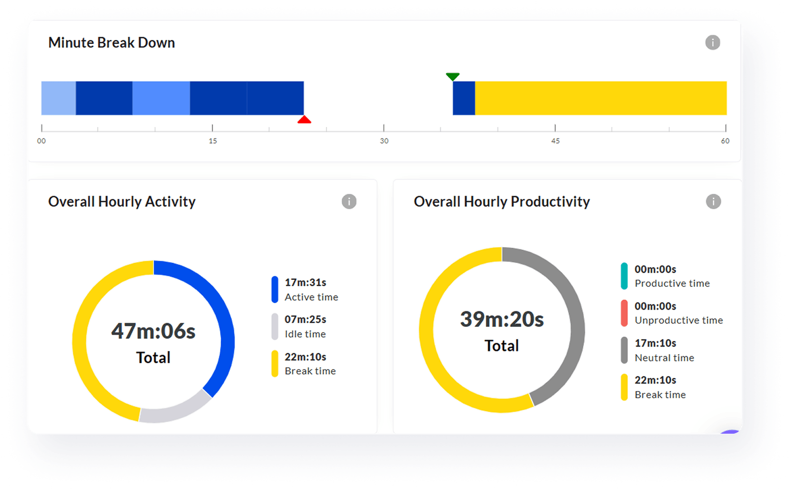 Dashboard showing minute breakdown with a horizontal bar, overall hourly activity with a ring chart totaling 47 minutes and 6 seconds split into active time, idle time, and break time, and overall hourly productivity with a ring chart totaling 39 minutes and 20 seconds split into neutral time and break time.