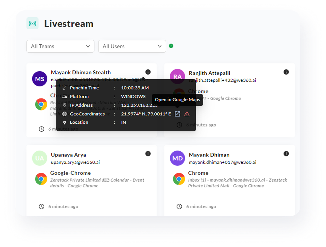 Livestream dashboard showing user activity with filters for teams and users, details include names, emails, browser usage, timestamps, and IP/location info for each entry.