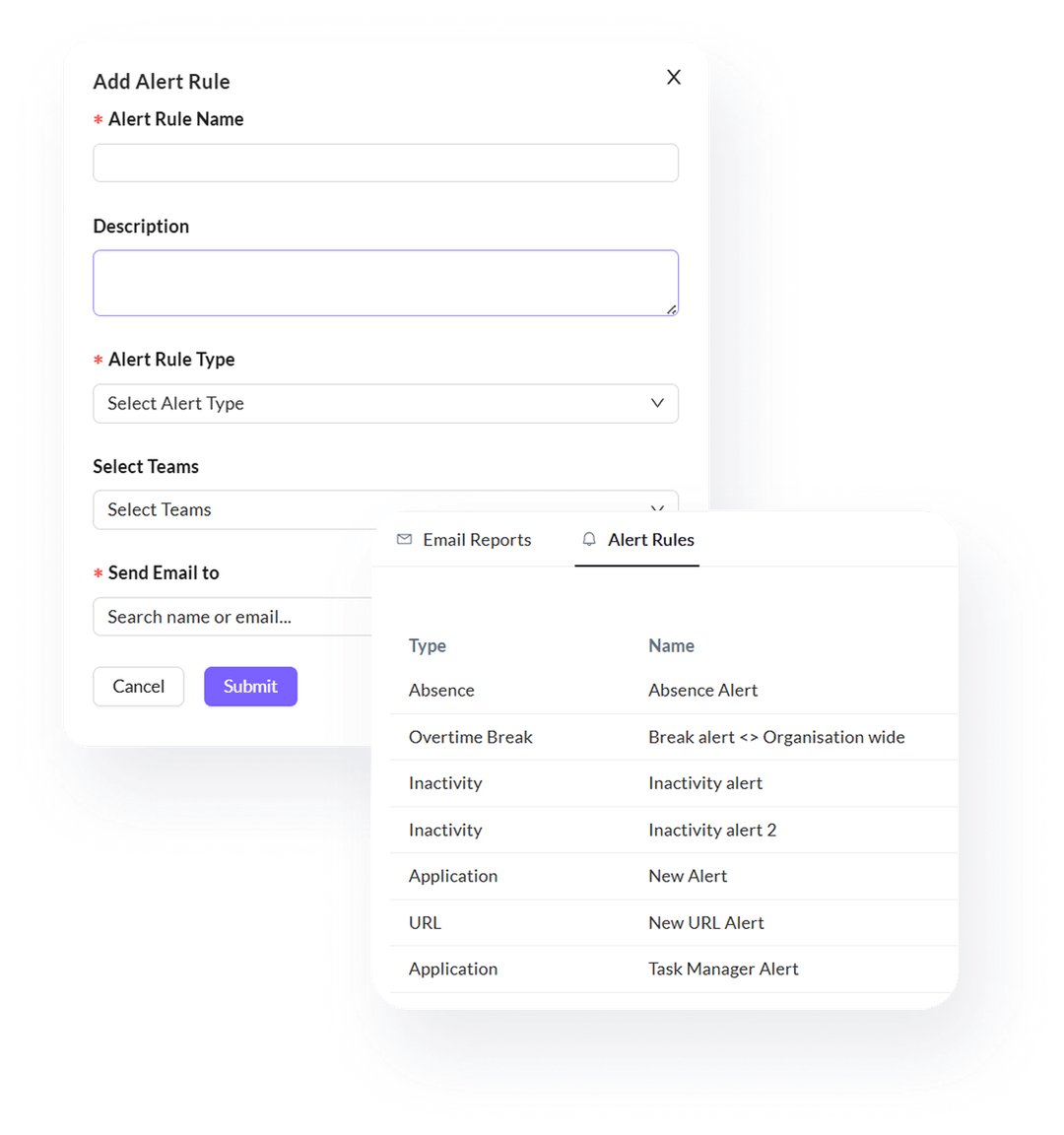 User interface showing a form to add an alert rule with fields for Alert Rule Name, Description, Alert Rule Type, Select Teams, and Send Email to, alongside a list of existing alert rules with types and names.