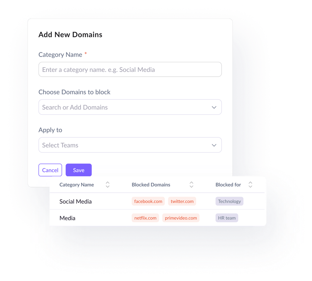 User interface for adding new domain categories with fields for category name, domains to block, and teams to apply to; table lists categories with blocked domains and assigned teams.
