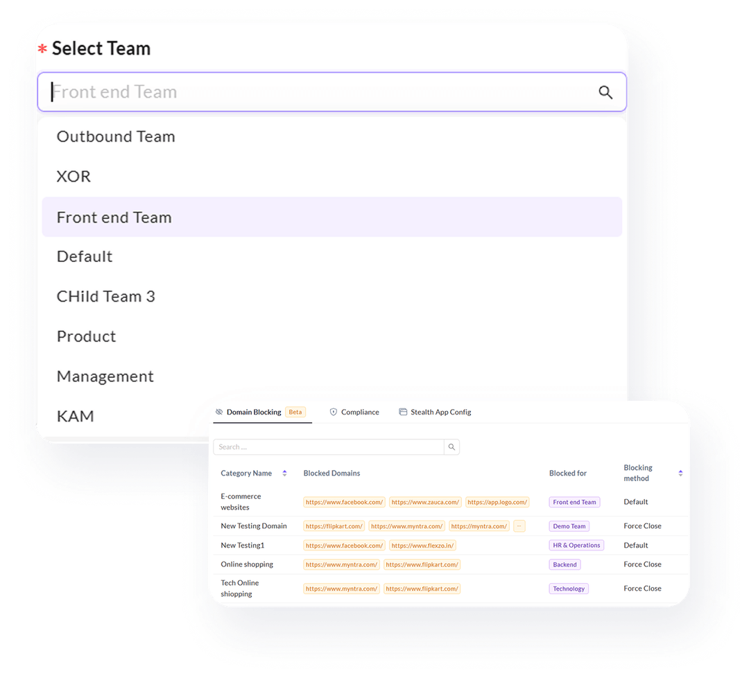 User interface showing a drop-down menu to select teams with options like Outbound Team, XOR, Front end Team, and others, alongside a table listing blocked domains by category, teams blocked for, and blocking methods.