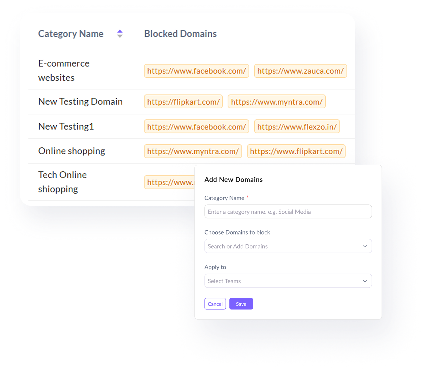 Table listing categories and their blocked domains including e-commerce and online shopping, with a form overlay to add new domains by category name, choosing domains to block, and selecting teams, featuring Cancel and Save buttons.