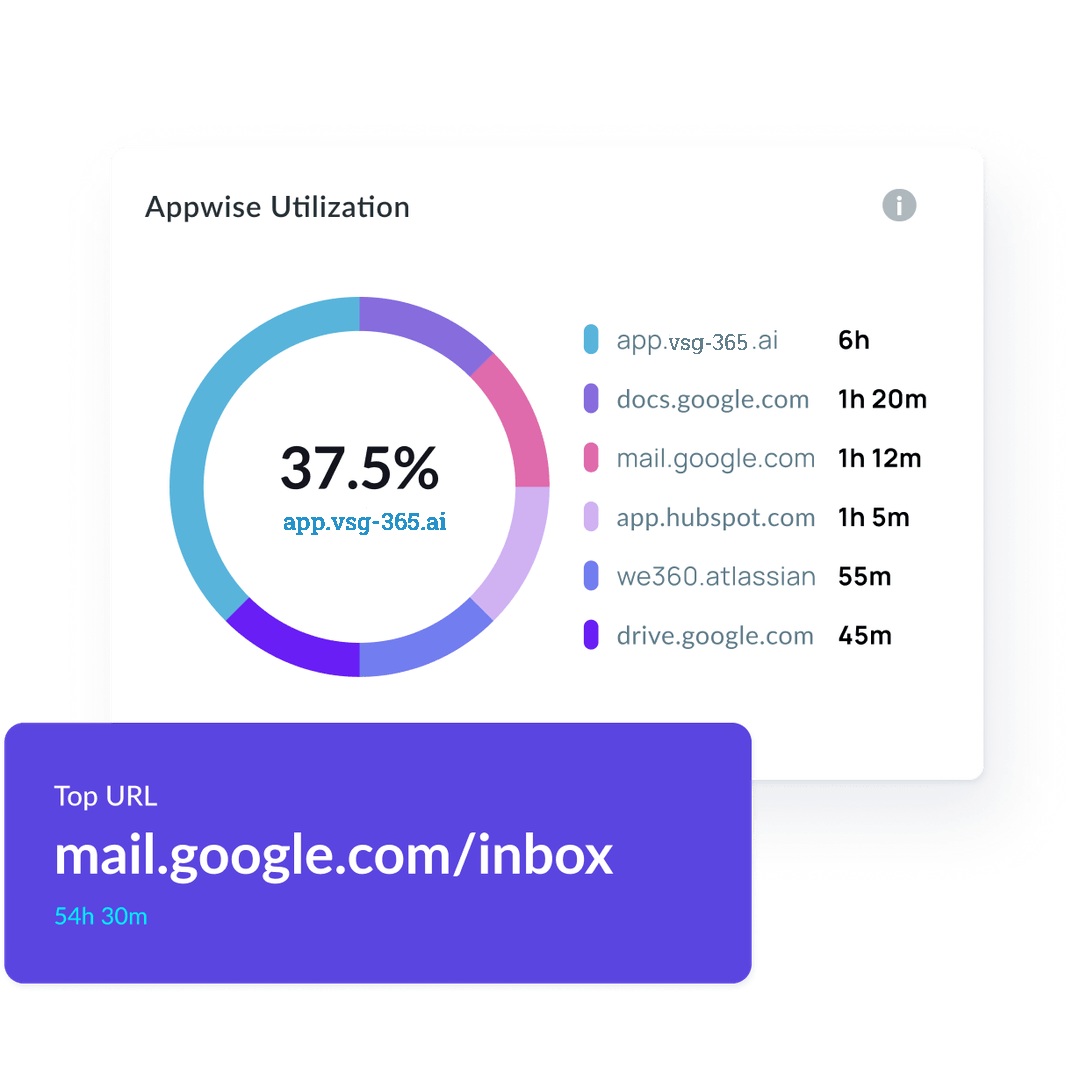 Appwise utilization donut chart showing 37.5% usage by app.vsg-365.ai with usage times for six apps listed, and a purple box highlighting mail.google.com/inbox as the top URL with 54 hours 30 minutes.