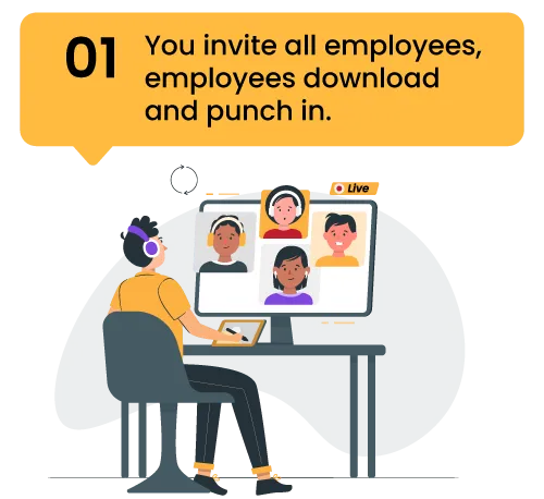 Illustration of a person sitting at a desk with a tablet, viewing a live video call with four employees, next to a speech bubble that says '01 You invite all employees, employees download and punch in.'