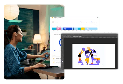 Woman in a blue sweater working at a computer desk with two overlapping screens showing productivity and creative software interfaces.