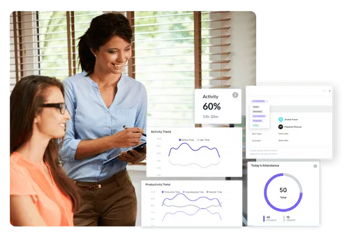 Two women smiling and looking at a tablet together with superimposed productivity and attendance dashboard graphs.