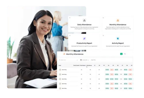 Smiling woman in business attire working on a laptop with overlaid attendance and productivity report dashboards on a transparent screen.