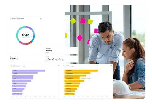 Two colleagues reviewing data charts and graphs in an office with sticky notes on a glass wall.