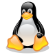Linux mascot Tux penguin sitting with yellow feet and a white belly.