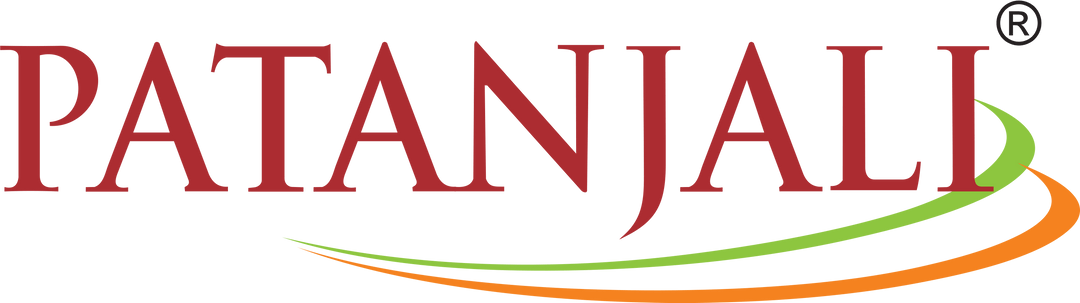 Patanjali brand name in red with a green and orange swoosh beneath and registered trademark symbol.