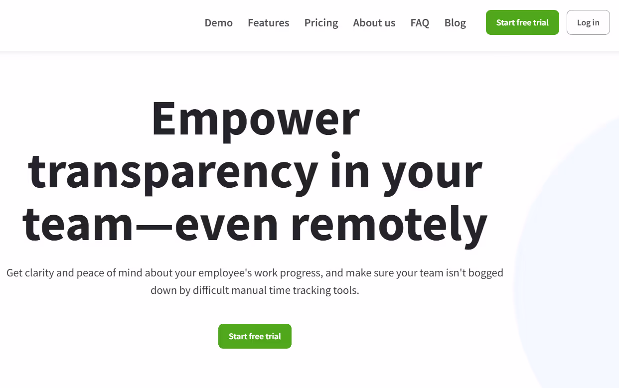 Website header with navigation links and headline reading 'Empower transparency in your team—even remotely' with a subtext about simplifying employee work progress tracking and a green 'Start free trial' button.