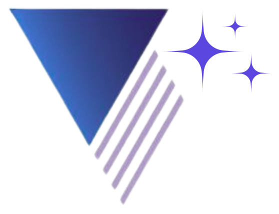 Blue downward triangle with five diagonal purple lines and three purple sparkling stars to the right.