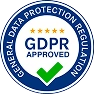 Badge with text GDPR approved, featuring five stars and a green checkmark.