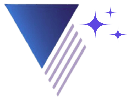 Blue inverted triangle with five parallel diagonal gray lines and four purple sparkle stars on the right.