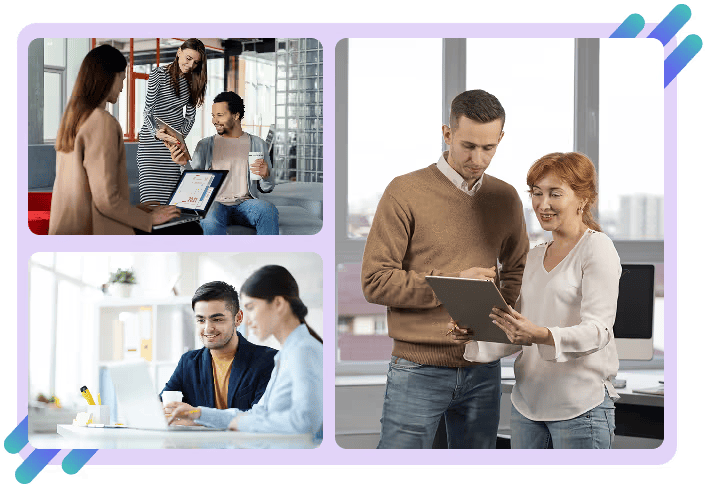 Collage of three images showing diverse coworkers collaborating in modern office settings using laptops and tablets.