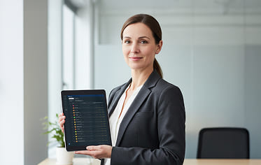 Professionelle Managerin hält ein Tablet mit einem simpleclub Dashboard in einem modernen Büro. Veranschaulicht, wie Führungskräfte die Ausbildung profitabel machen und skalieren.