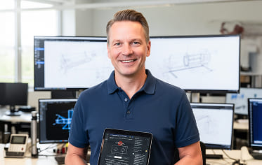 Ausbildungsleiter oder HR-Mitarbeiter hält lächelnd ein Tablet mit simpleclub App vor Bildschirmen mit technischen Zeichnungen. Symbolisiert Kostensenkung und Mitarbeitergewinnung