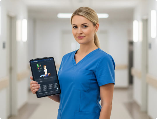 Mitarbeiterin in blauer Kleidung hält ein Tablet mit der simpleclub-Oberfläche in einem modernen Flur.