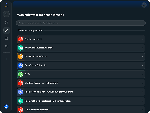 Screenshot der simpleclub App auf einem Tablet mit einer Übersicht von über 45 Ausbildungsberufen. Zeigt die Vielfalt der Kurse, die zur Steigerung der Produktivität beitragen