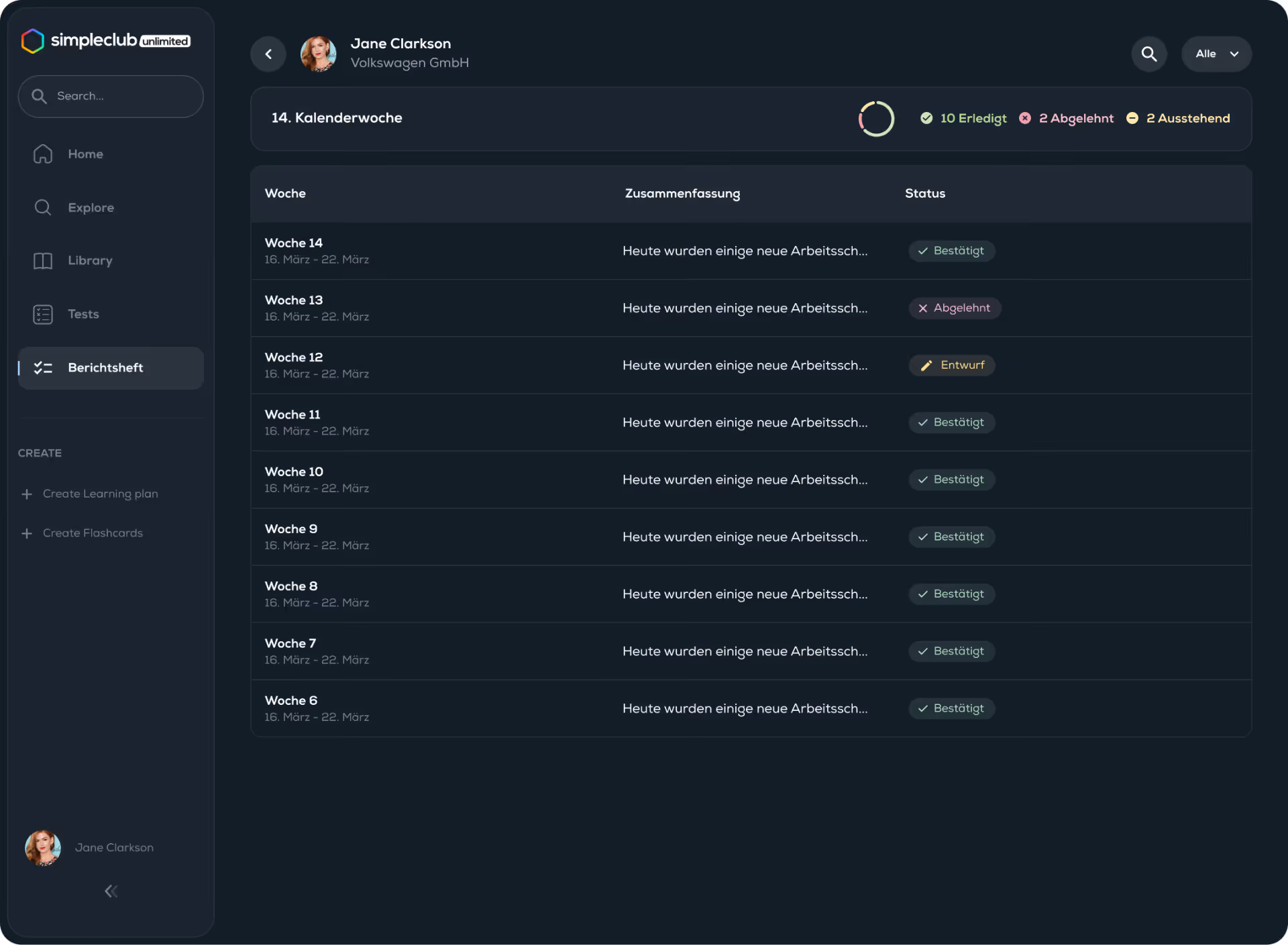 Berichtsheft Wochenübersicht in simpleclub