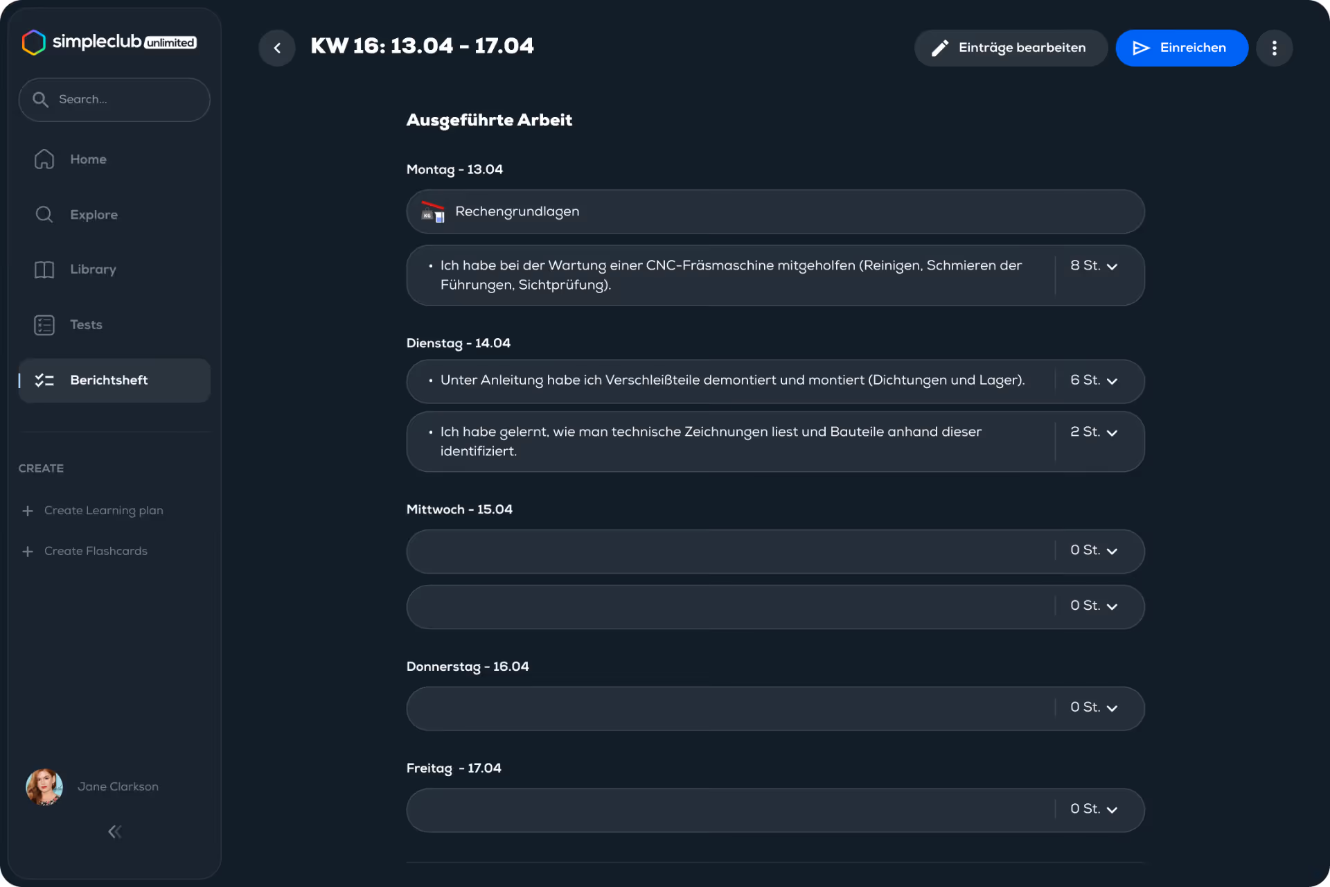 Wöchentlicher Eintrag in der Azubi-Ansicht