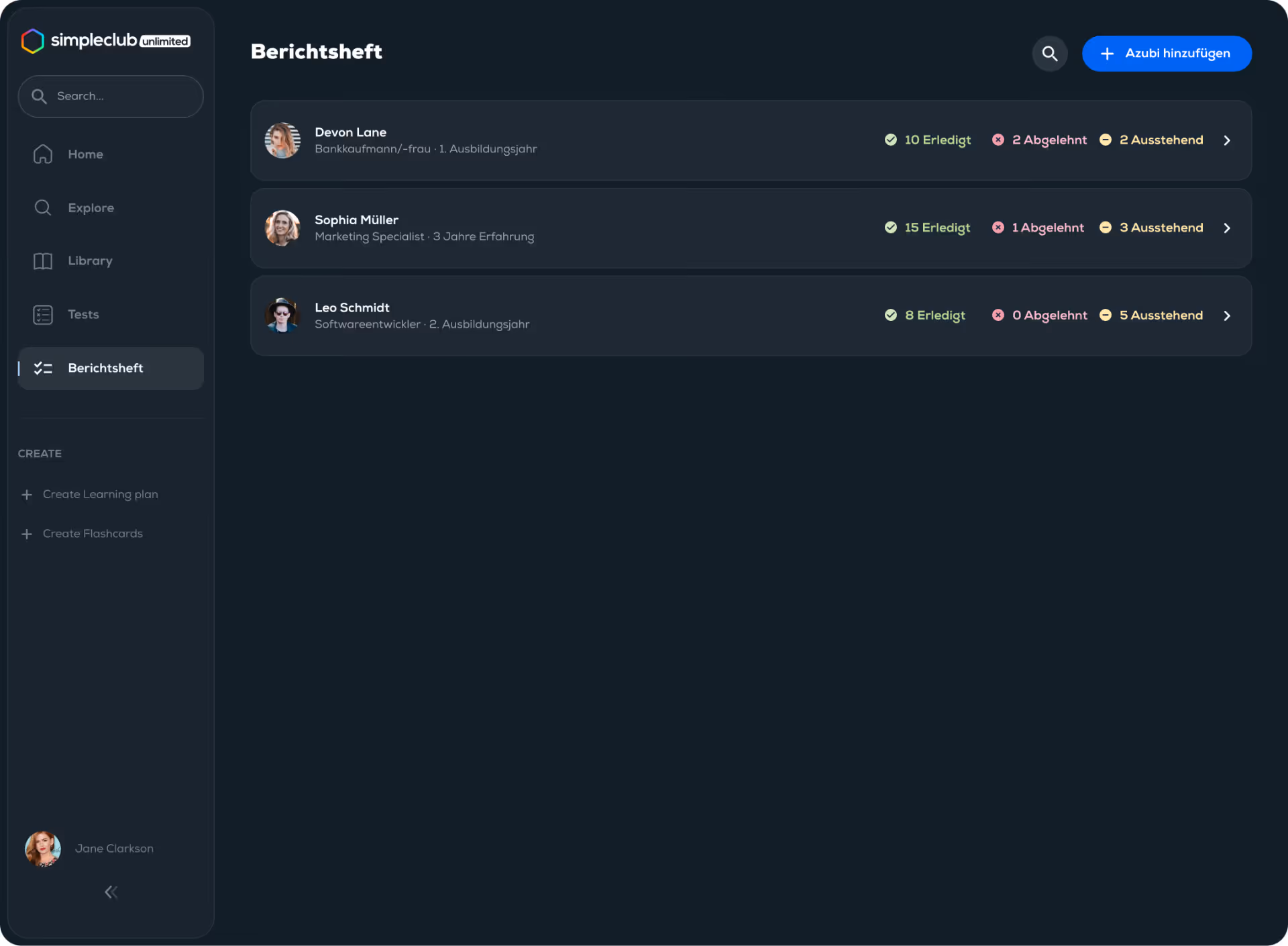 Trainer-Dashboard mit Übersicht aller Azubis