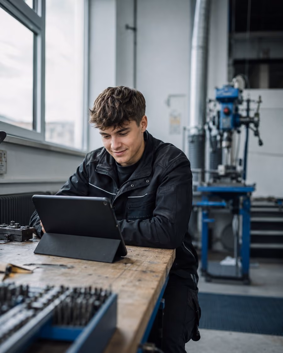 Auszubildender lernt selbstständig am Tablet in der Lehrwerkstatt