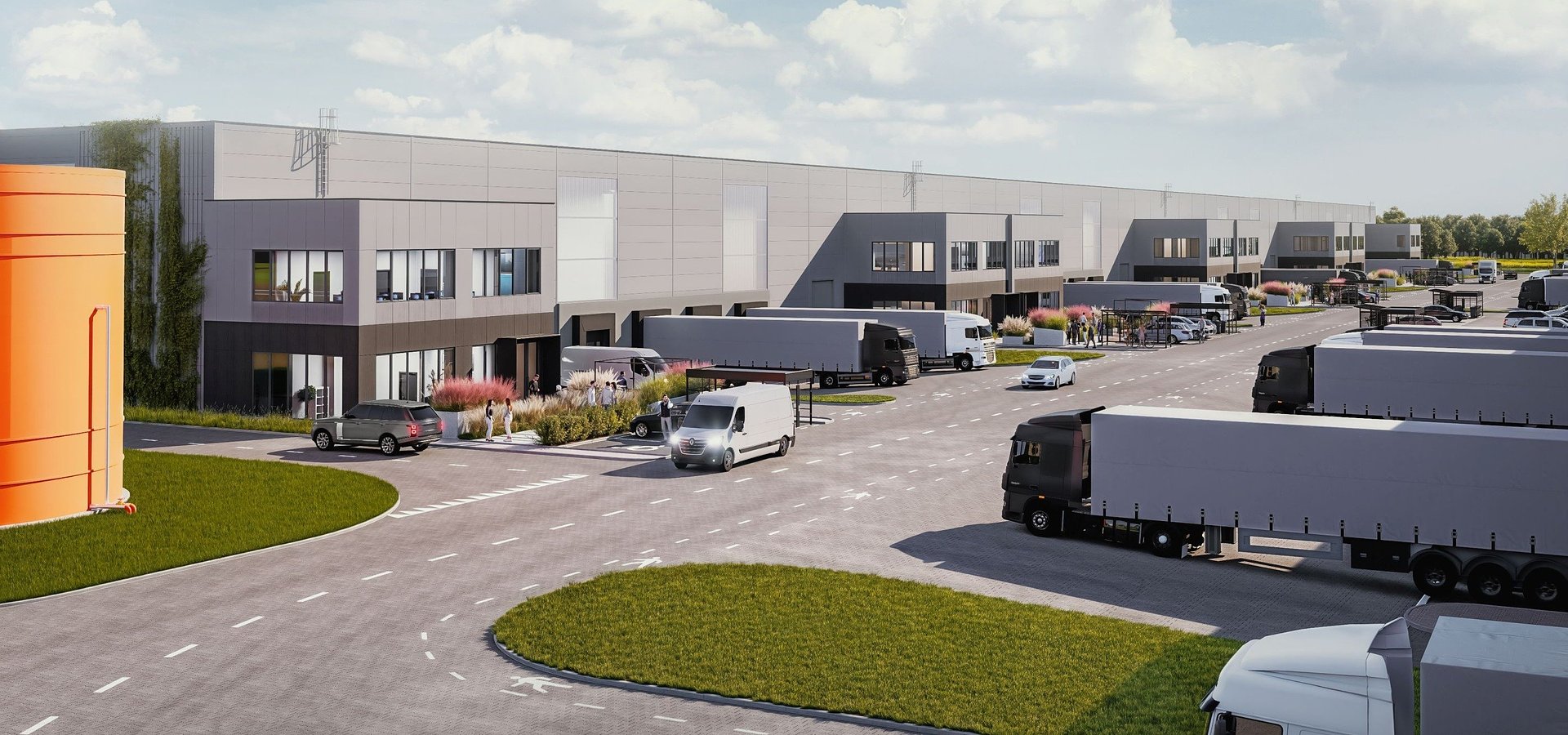 Wizualizacja centrum logistycznego z licznymi dokami przeładunkowymi i zaparkowanymi samochodami ciężarowymi