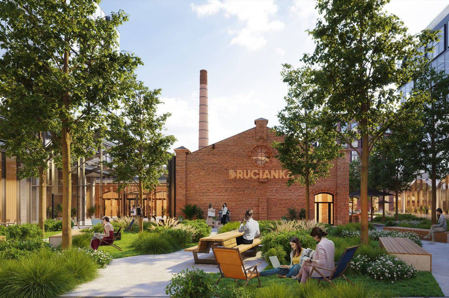 Wizualizacja kompleksu Drucianka Campus z postindustrialnym budynkiem z czerwonej cegły i zielonym dziedzińcem.