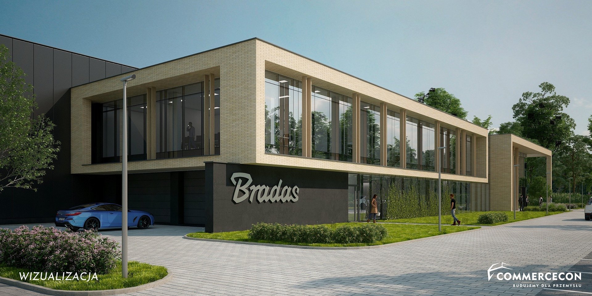 Wizualizacja nowoczesnej hali magazynowo-biurowej Bradas od zewnątrz