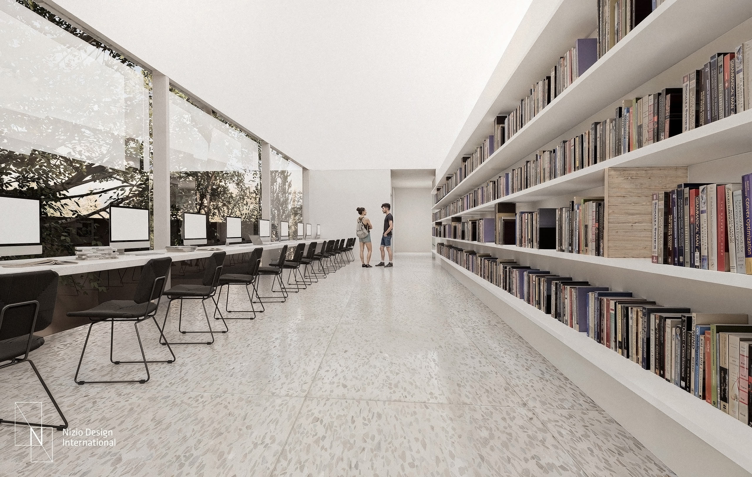 Jasne, minimalistyczne wnętrze biblioteki z regałami książek i stanowiskami komputerowymi