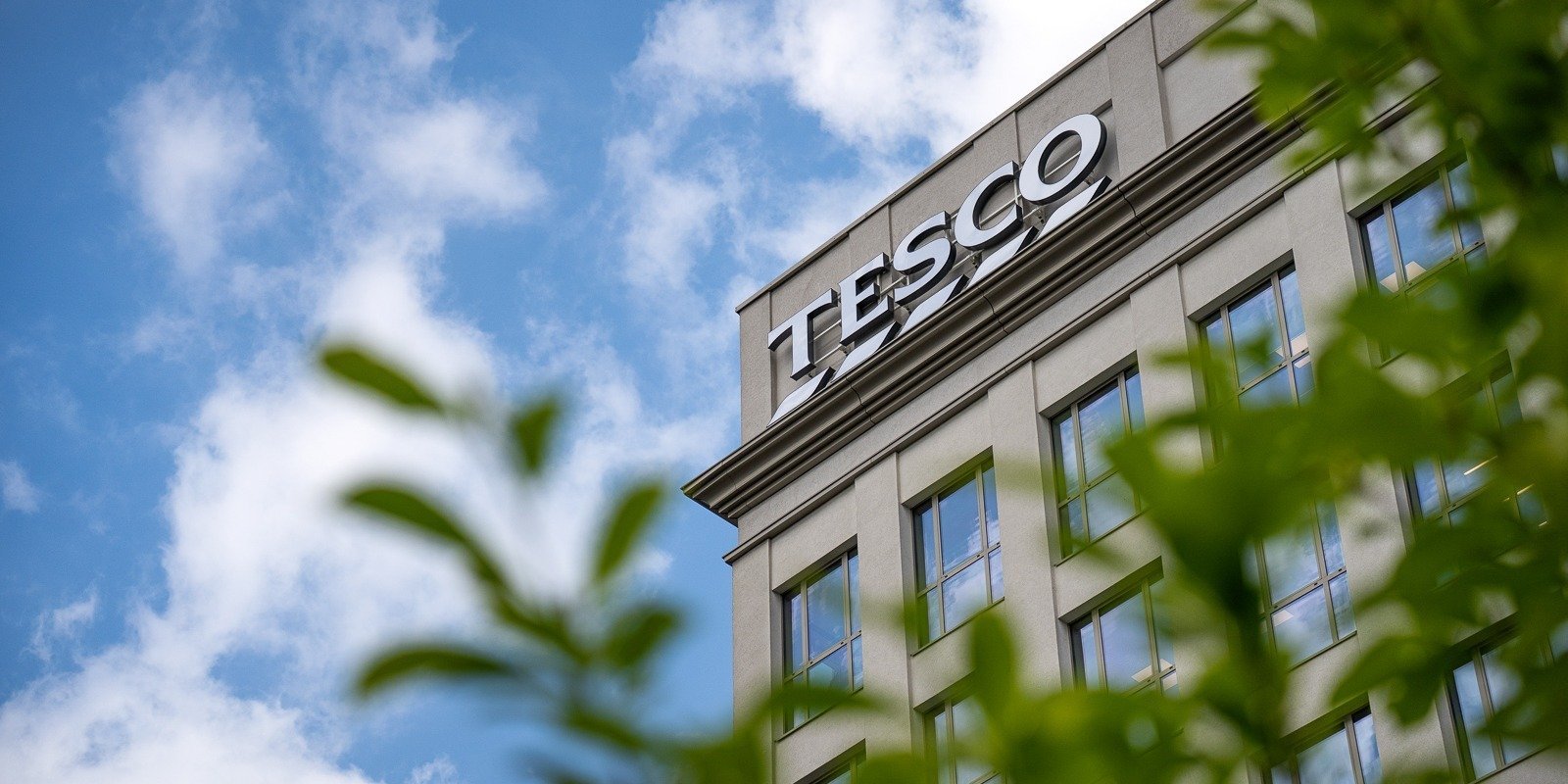 Nowoczesny budynek o szarej, gzymsowanej elewacji zwieńczony jest dużym, białym logotypem sieci Tesco. Konstrukcja posiada liczne, pionowe okna odbijające światło, a na pierwszym planie widoczne są rozmyte, zielone liście drzewa.