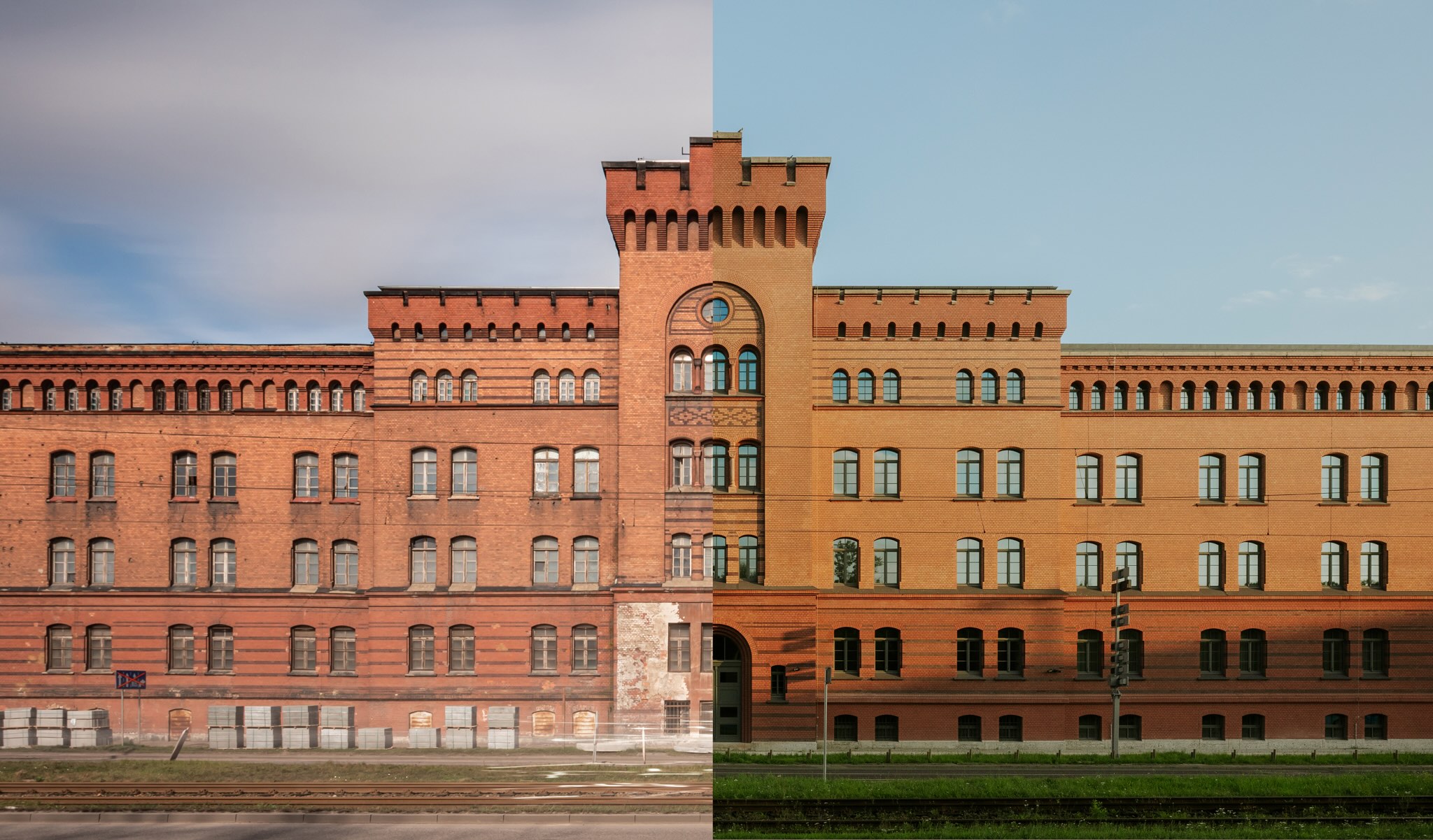 Zestawienie dwóch zdjęć pokazuje proces renowacji neogotyckiego budynku z czerwonej cegły z wieżą.
