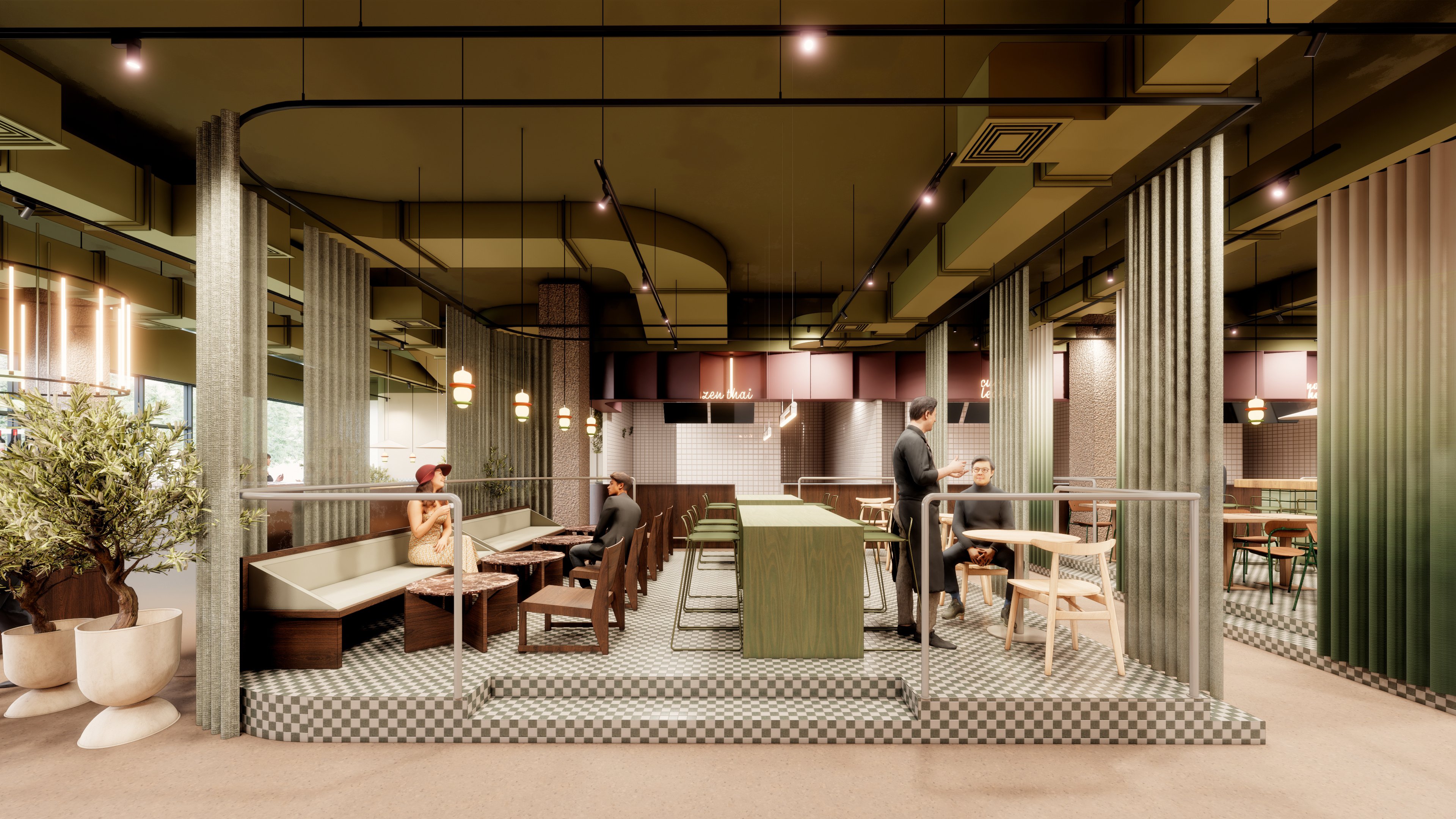 Nowoczesne wnętrze restauracji lub food courtu w odcieniach zieleni, brązu i beżu, z kilkoma osobami siedzącymi przy stolikach.