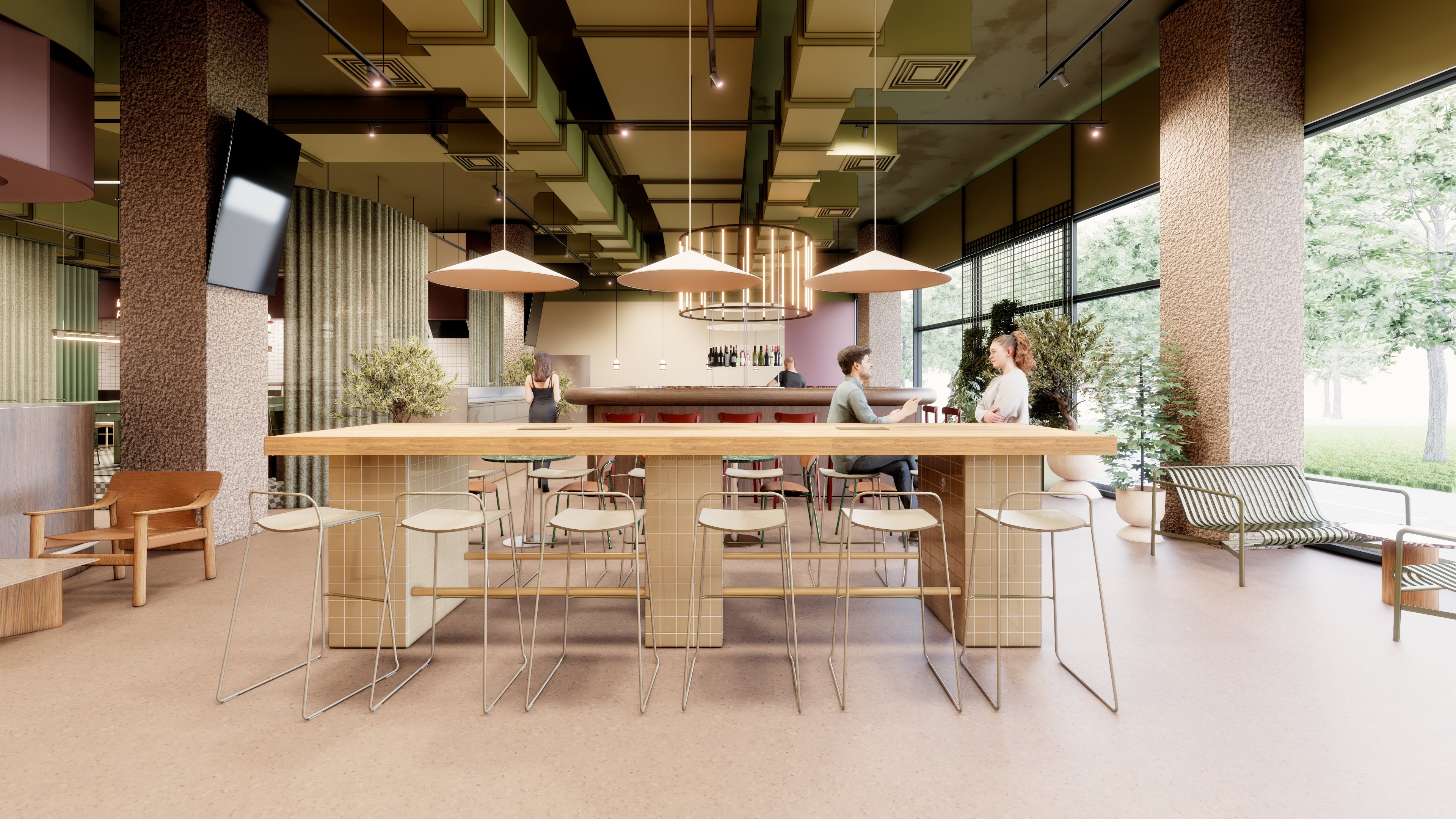 Nowoczesne wnętrze restauracji lub baru z długim, drewnianym stołem barowym wspartym na kafelkowych nogach i metalowymi hokerami.