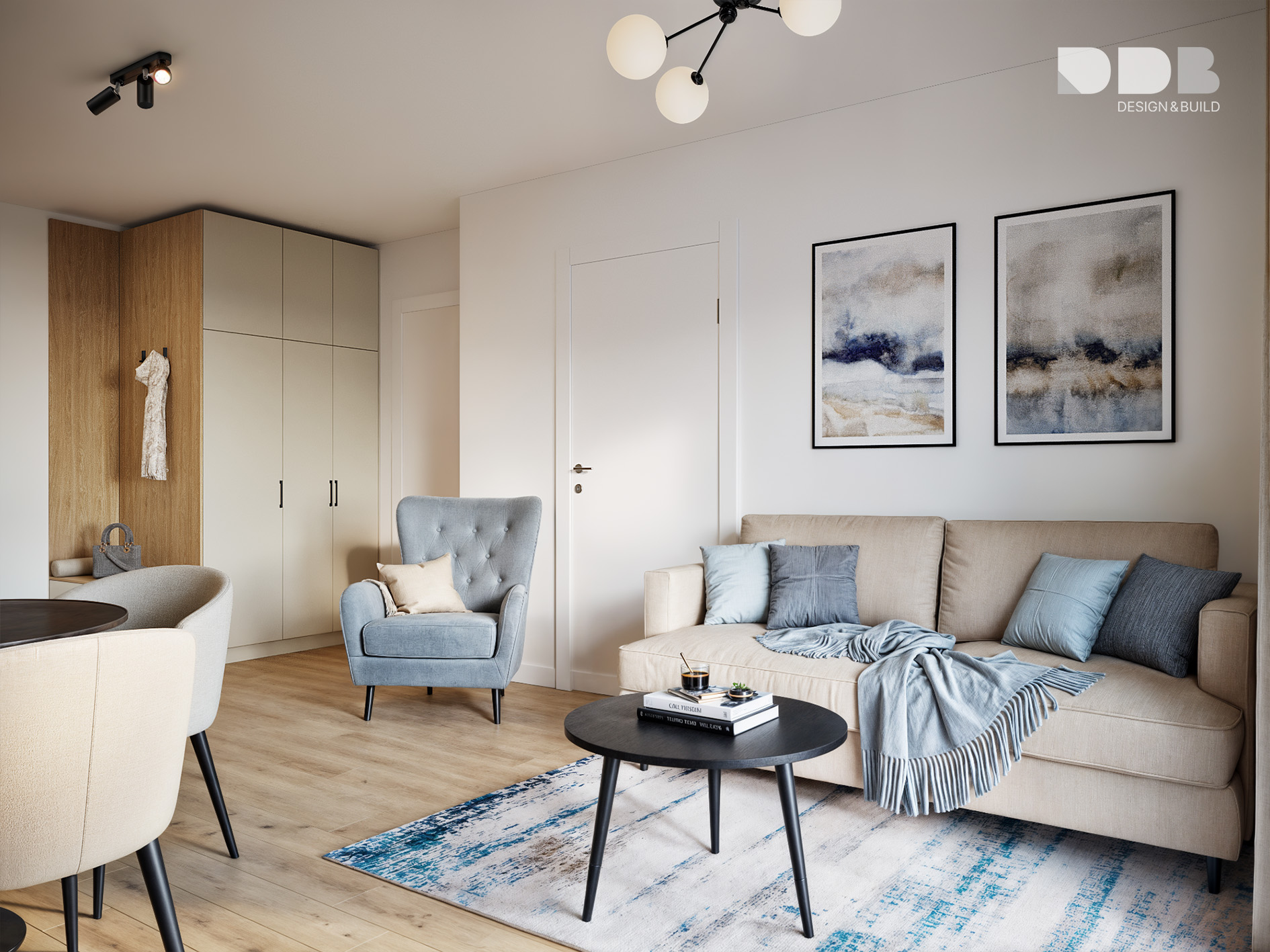 Wnętrze nowoczesnego apartamentu z jasnymi meblami, dużymi oknami i widokiem na zieleń