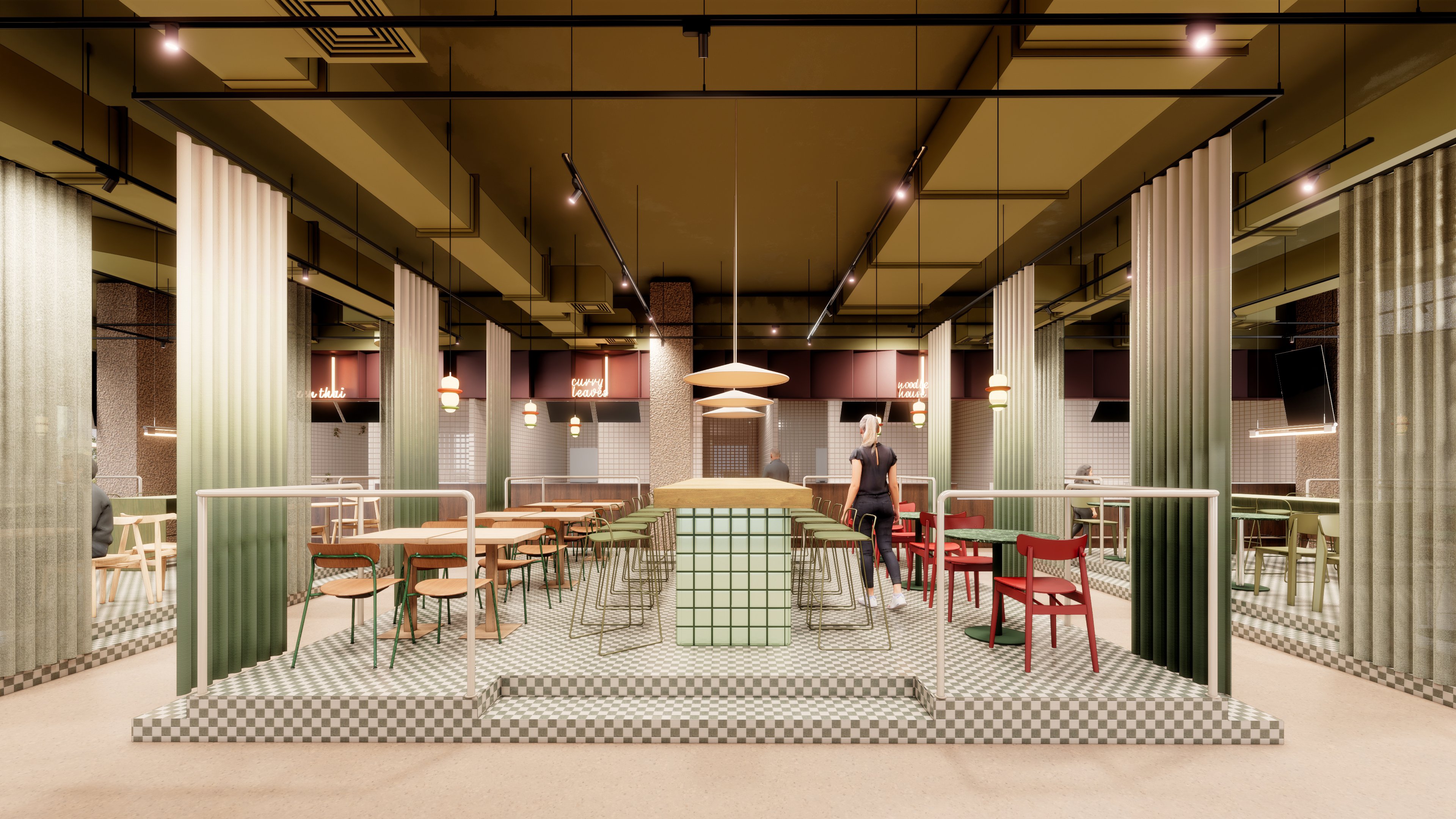 Nowoczesne wnętrze hali gastronomicznej z otwartą przestrzenią, stolikami i różnokolorowymi krzesłami na podwyższeniu.