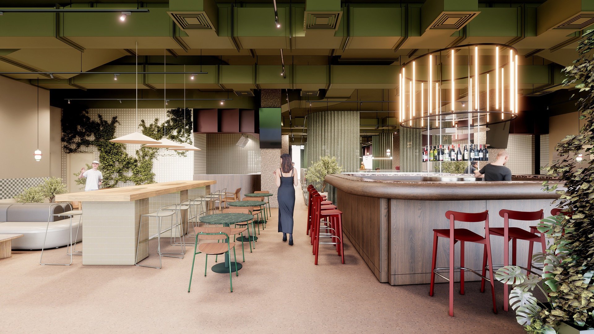 Nowoczesne wnętrze restauracji z masywną drewnianą ladą barową, świetlną instalacją i zielonymi elementami dekoracyjnymi.
