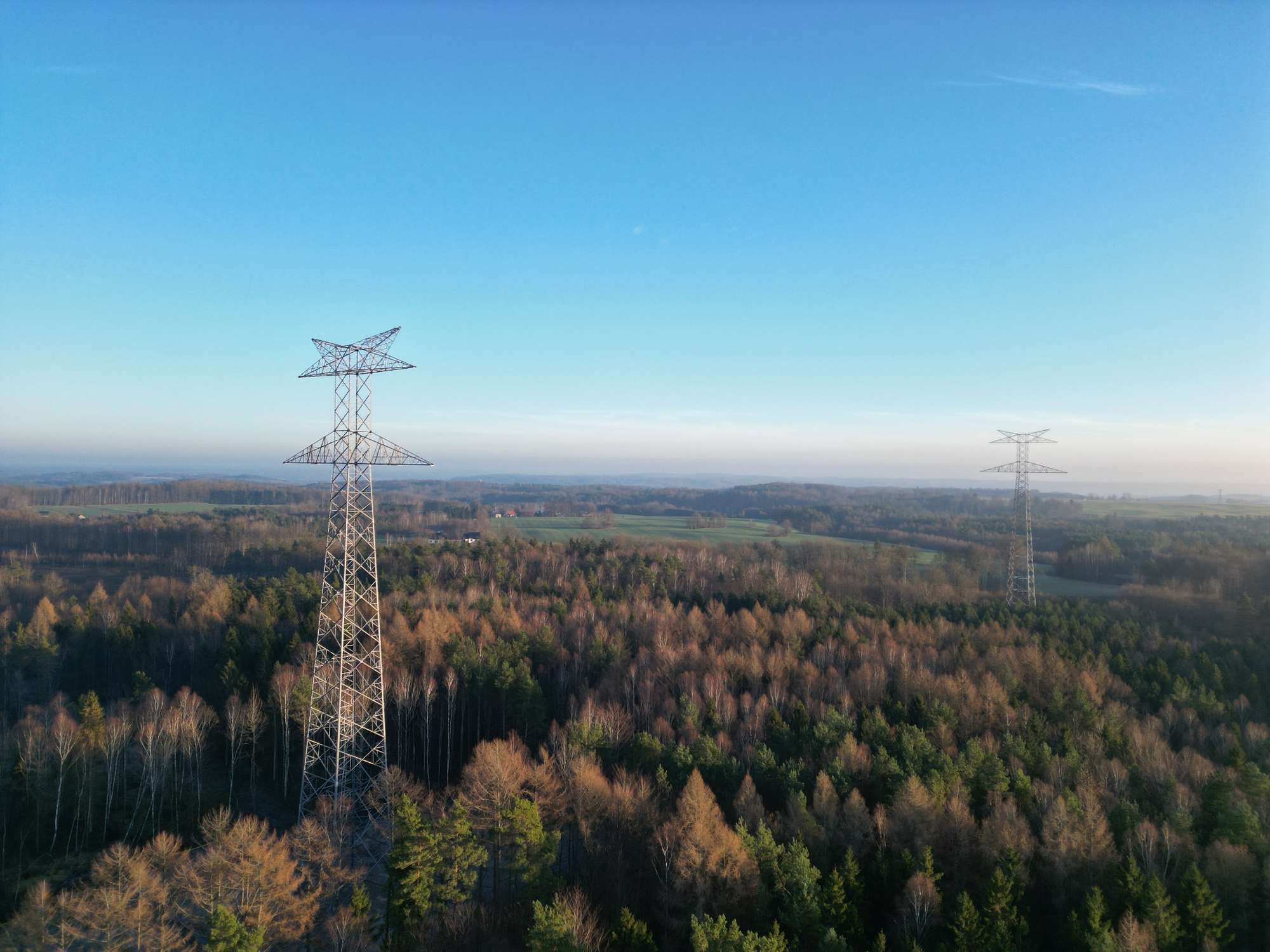 Dwie stalowe, ażurowe wieże energetyczne o nietypowych zwieńczeniach górują nad mieszanym lasem o jesienno-zimowej kolorystyce.