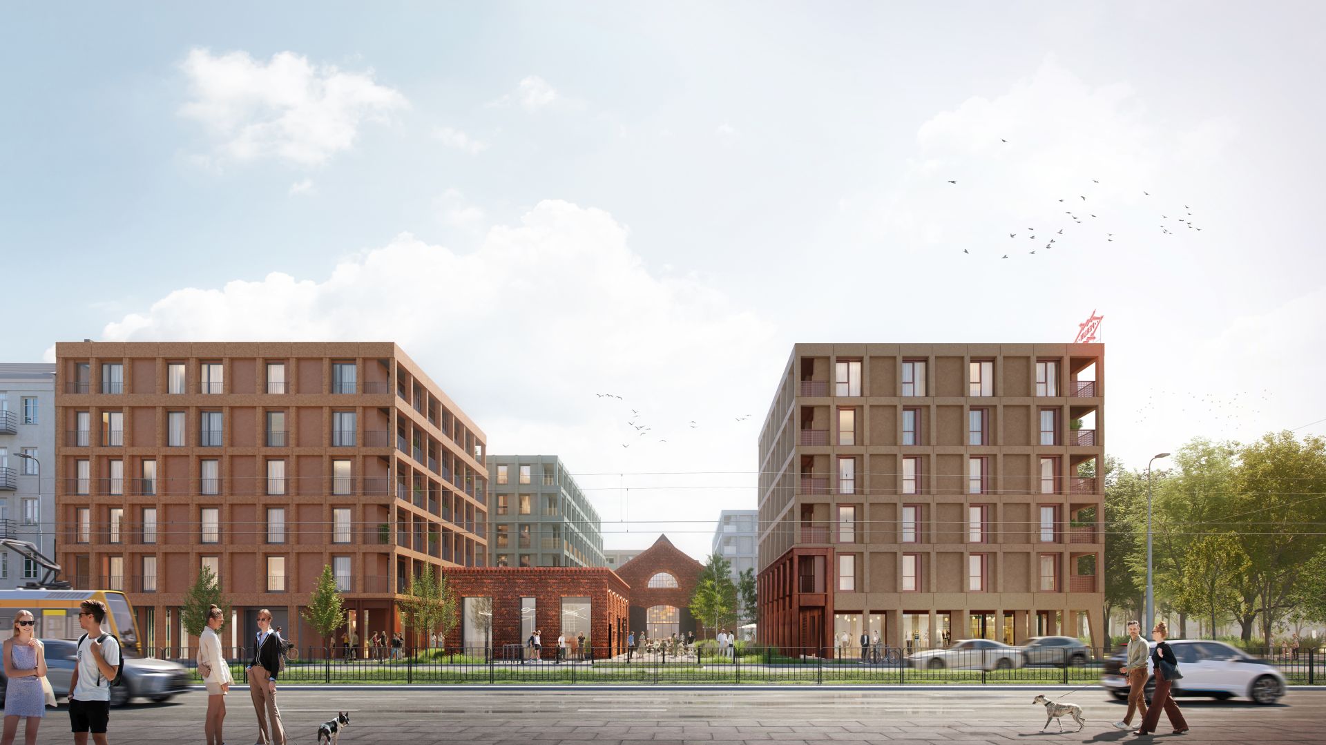 Wizualizacja urbanistyczna przedstawia nowoczesne budynki mieszkalne i parterowy obiekt z czerwonej cegły z łukowym oknem przy miejskiej ulicy z torowiskiem.