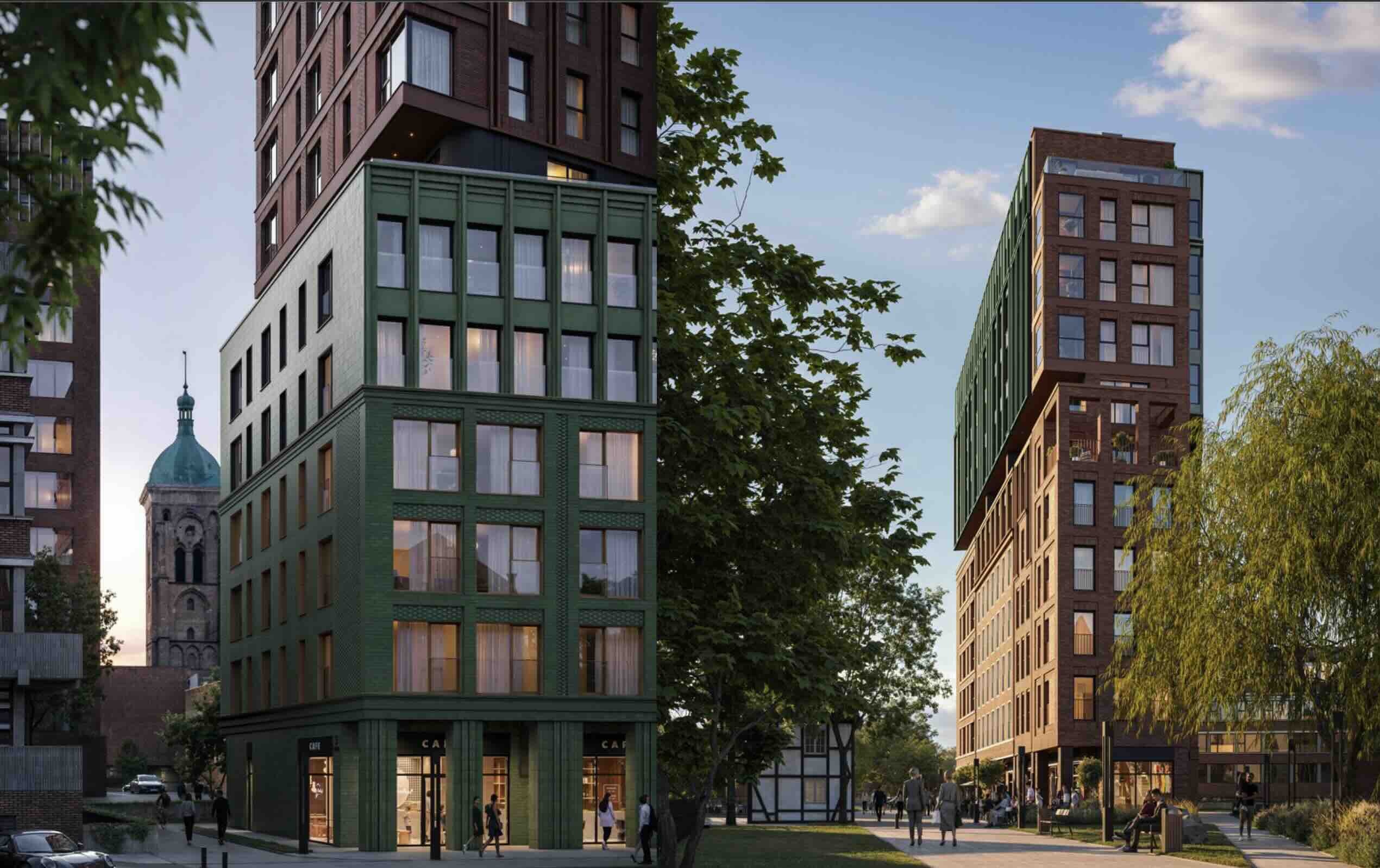 Współczesna architektura miejska z kaskadowymi budynkami o elewacjach z zielonej i czerwonej cegły, kawiarniami na parterach i zielenią.