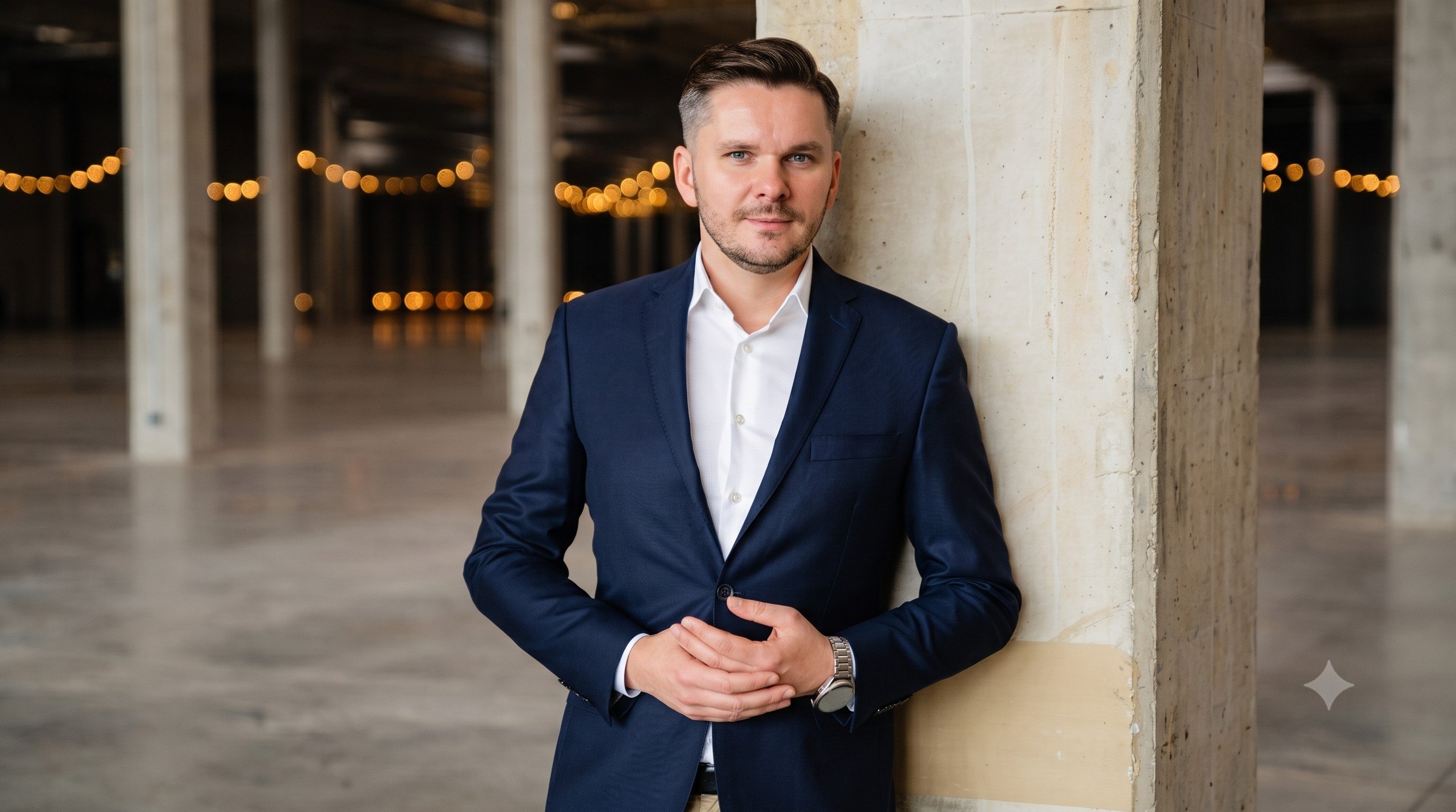 Mężczyzna w granatowej marynarce i białej koszuli opiera się o betonowy filar w industrialnym wnętrzu z ciepłymi światłami w tle.